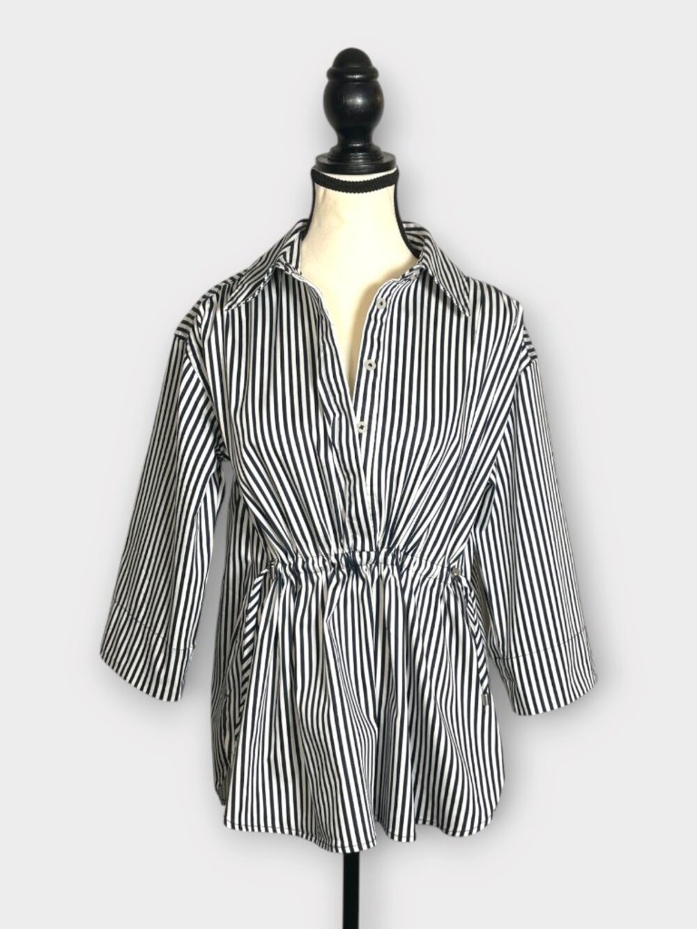 Carla Rockmore Collection Striped Poplin Cinch Waist Shirt Dark Navy/White XS